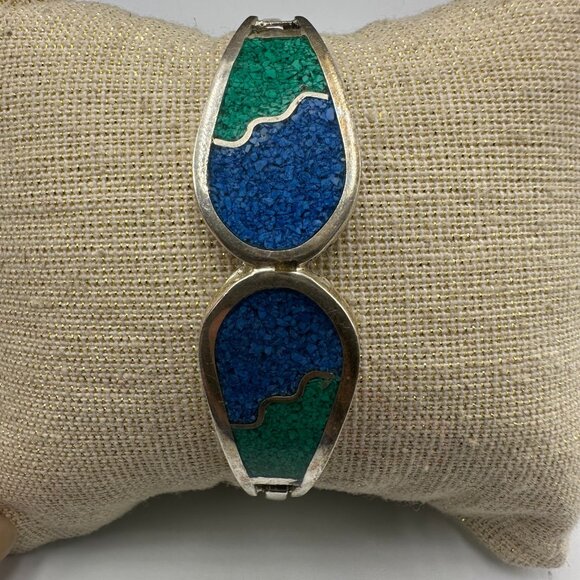 Vintage Alpaca Silver Bracelet Blue Green Inlay Geometric Hinged Cuff 7 Inch - Picture 4 of 15
